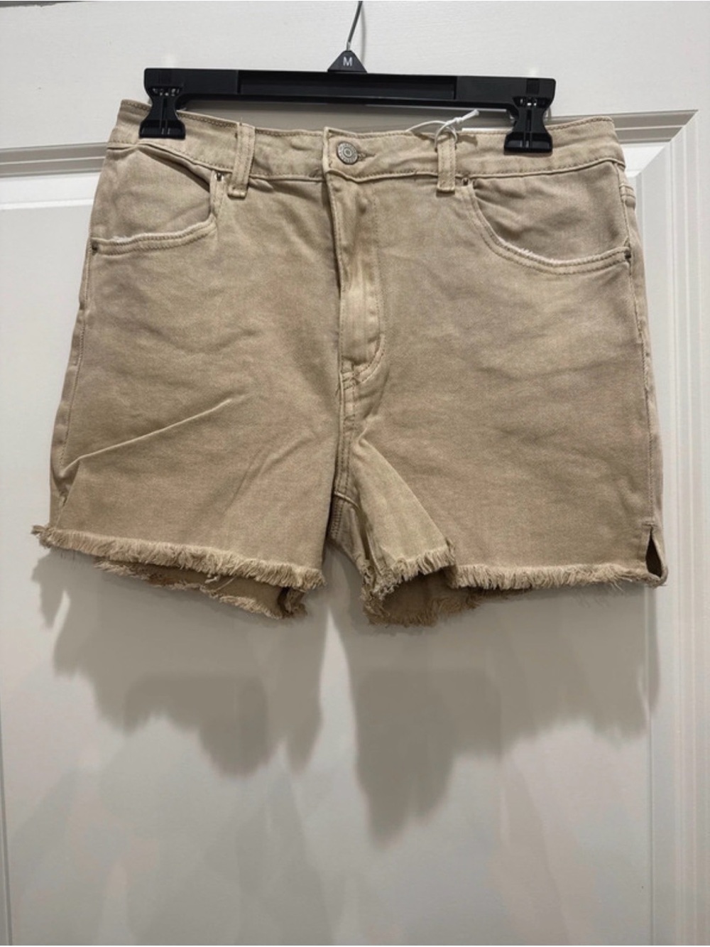 Zenana Outfitters Frayed Hem Denim Shorts - Beige